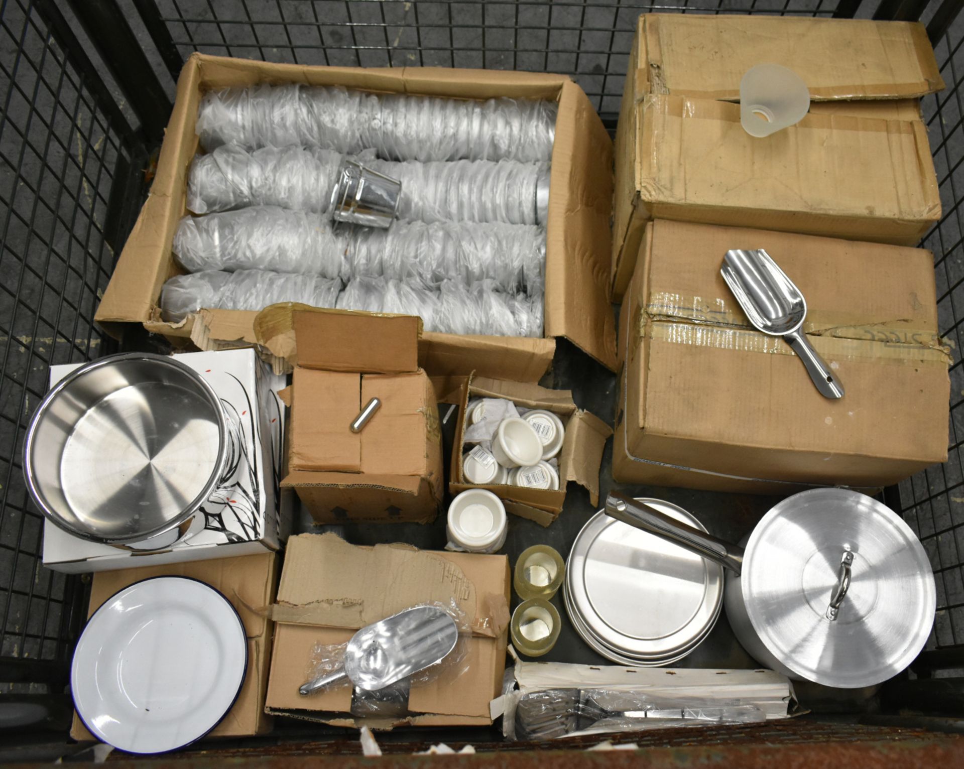Metal bucket chip servers, metal scoops, cooking pot, 3oz ramekin dishes, plates, table ca