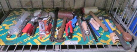 Various Hand Tools - mallets, hammer, pliers, files, adjustable spanners