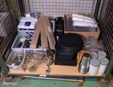 Various Catering Equipment - paper cups, tables placecard stands, cutlery, coffee pots, ta