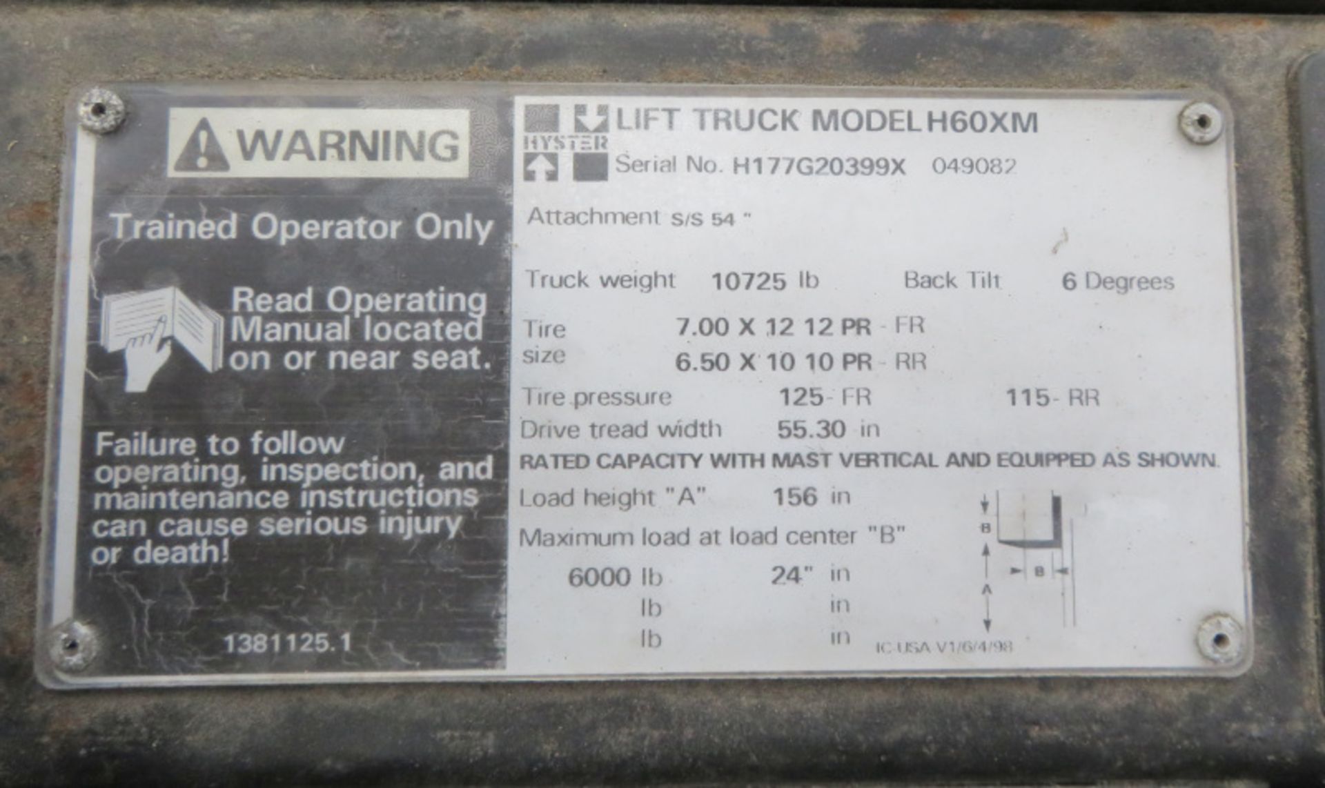 Hyster 60XM forklift - 445.30 hours run - Capacity 6000lbs at 24 inch LC - serial H1776209 - Image 15 of 16