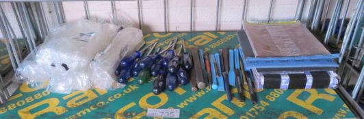 Various Hand Tools - measuring cylinders, screwdrivers, punches, abrasive paper