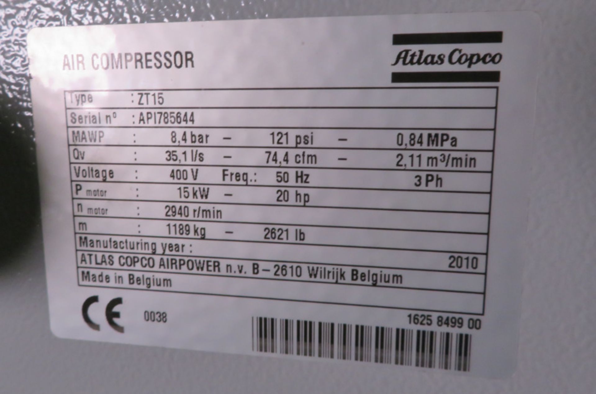 Atlas Copco ZT 15 FF industrial compressor - oil-free air - serial AP1785644 - 8.4 bar - 1 - Image 8 of 9