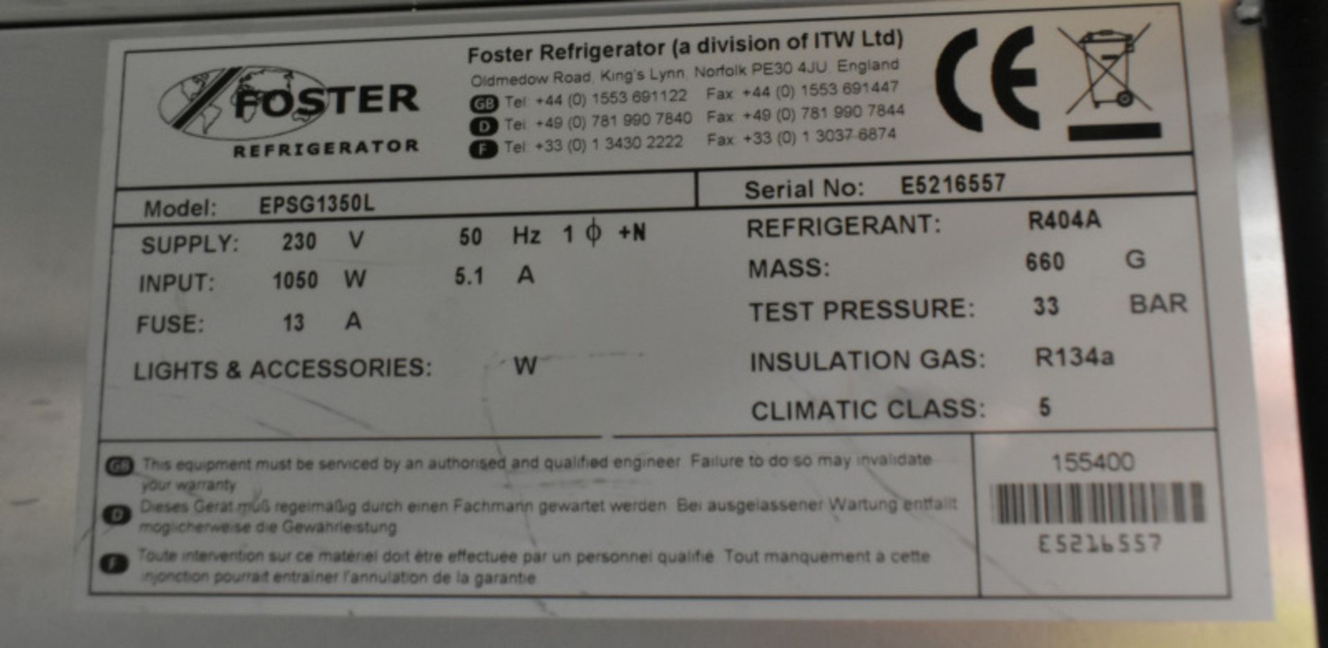 Foster Double Door Freezer - Model EPSG1350L Serial No. E5216557 - L1440 x W800 x H2060mm - Image 6 of 9