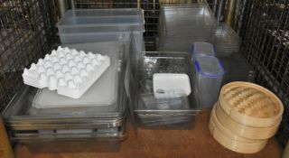 Various Platic Tubs & Trays, Egg Trays, 2x Bamboo Steamers