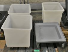 3x Plastic Ingredients bins on castors - L450 x W450 x H500 & Plastic Loading Dolly - L540