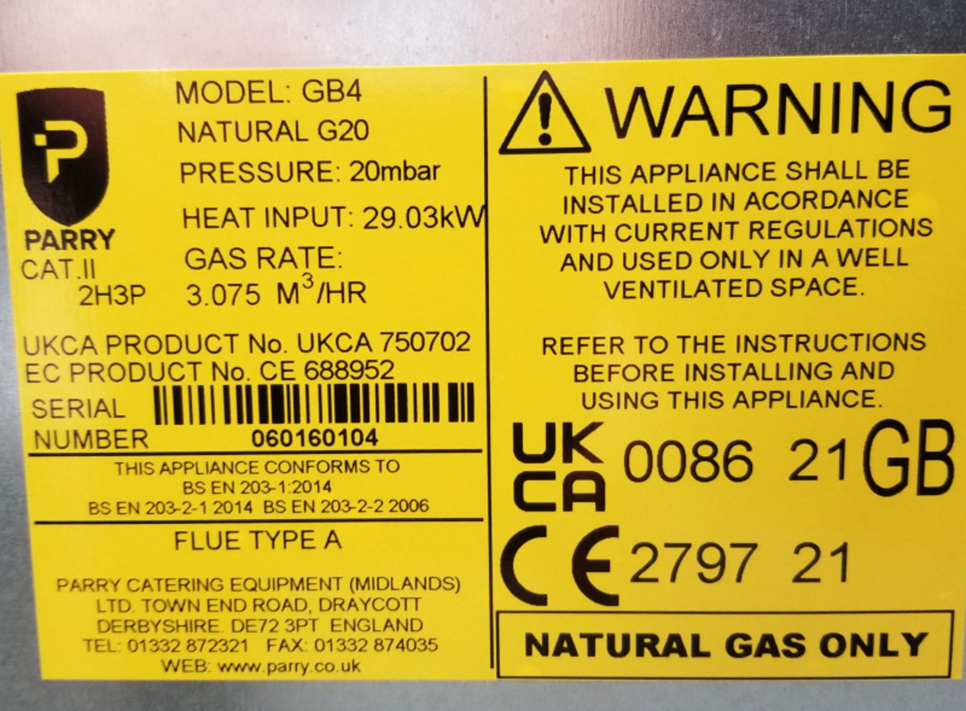Parry 4 Burner Gas Oven - Model GB4 Serial No.060160104 - L610 xW770 x H850mm - PLEASE SEE - Image 9 of 11