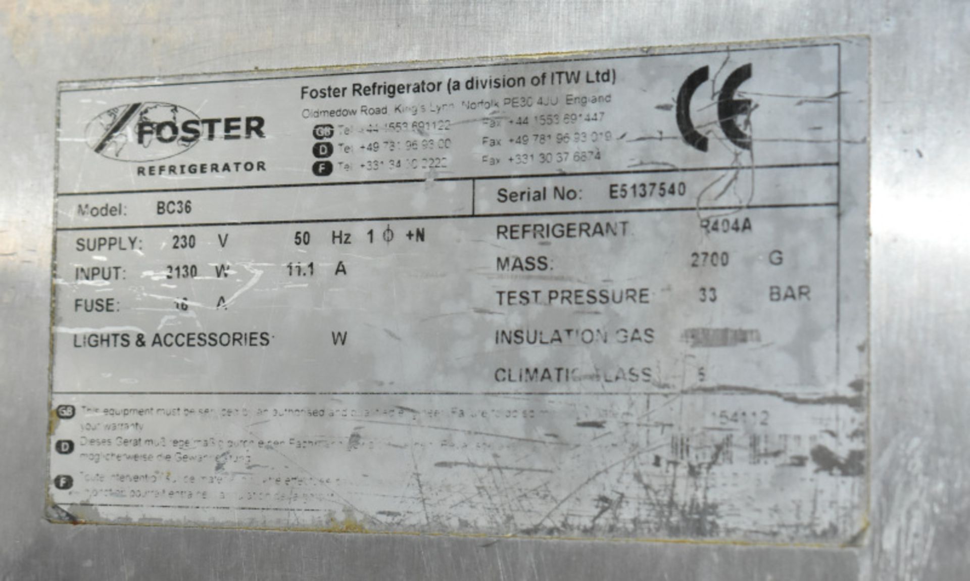 Foster Single Door Blast Chiller - Serial No. E5137540 Model BC36 - L700mm x W800mm x H1 - Image 6 of 7