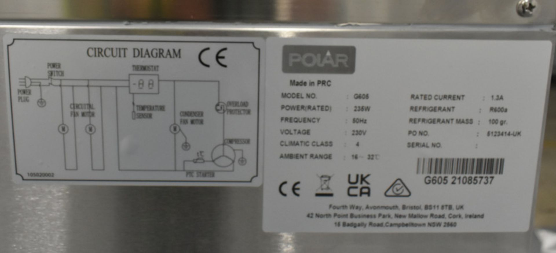 Polar 3 Door Refrigerated Pizza & Salad Prep Counter - Model G605 Serial No.G605 21085737 - Image 10 of 12