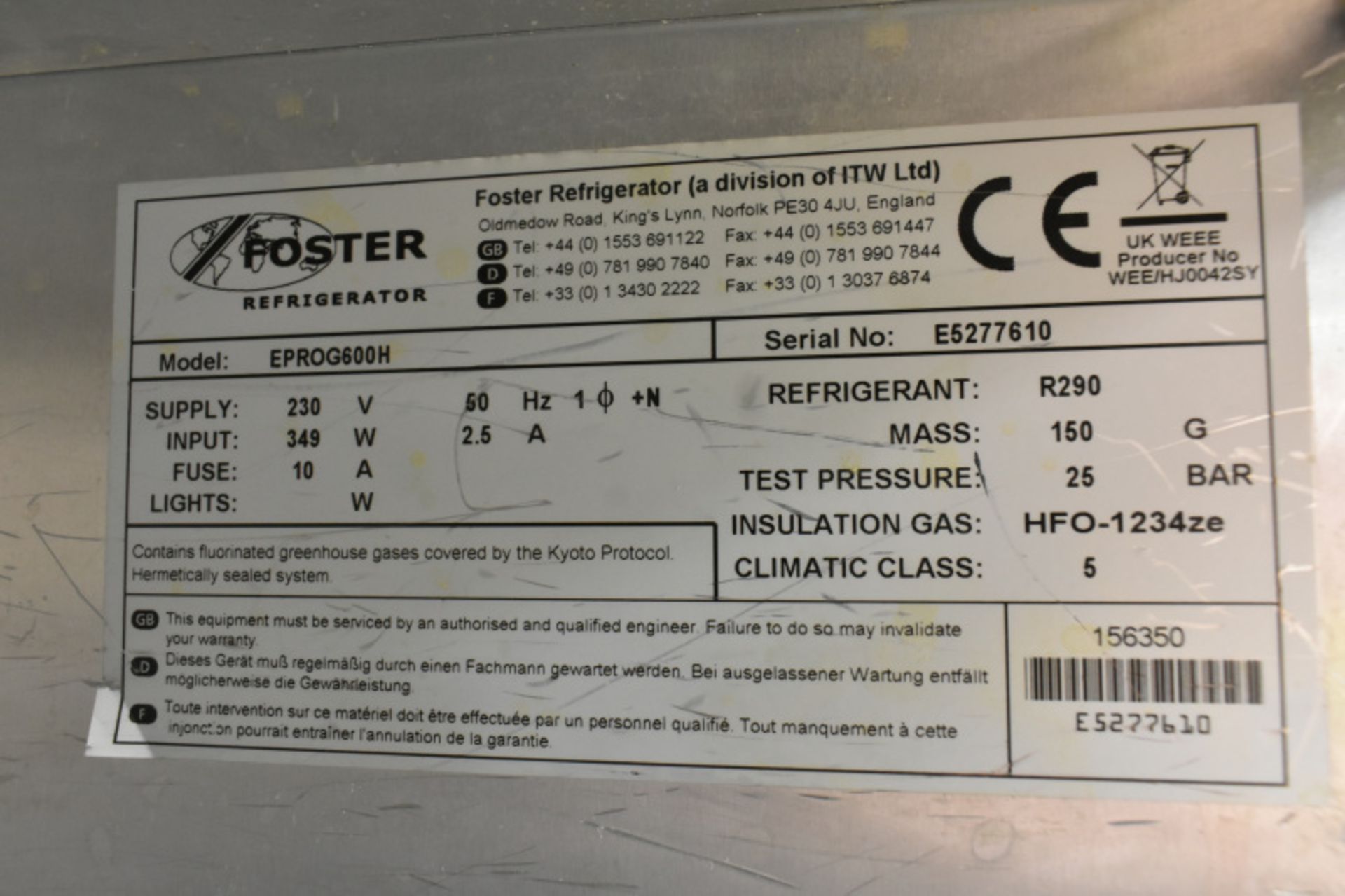 Foster Single Door Refrigerator - Serial No.E5277610 Model. EPROG600H - L700mm x W800mm - Image 6 of 6