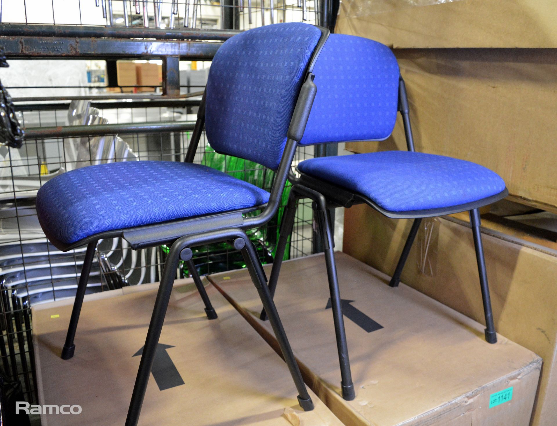 6x Black Metal Frame Blue Fabric Stackable Chairs - Image 2 of 2