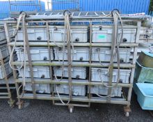 12 section roller plastic bin storage frame with drainage pipes, water storage & pump unit