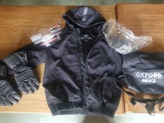 Motorcycle items including Agrius padded jacket; gloves (XL); Oxford waterproof bag, 2x he
