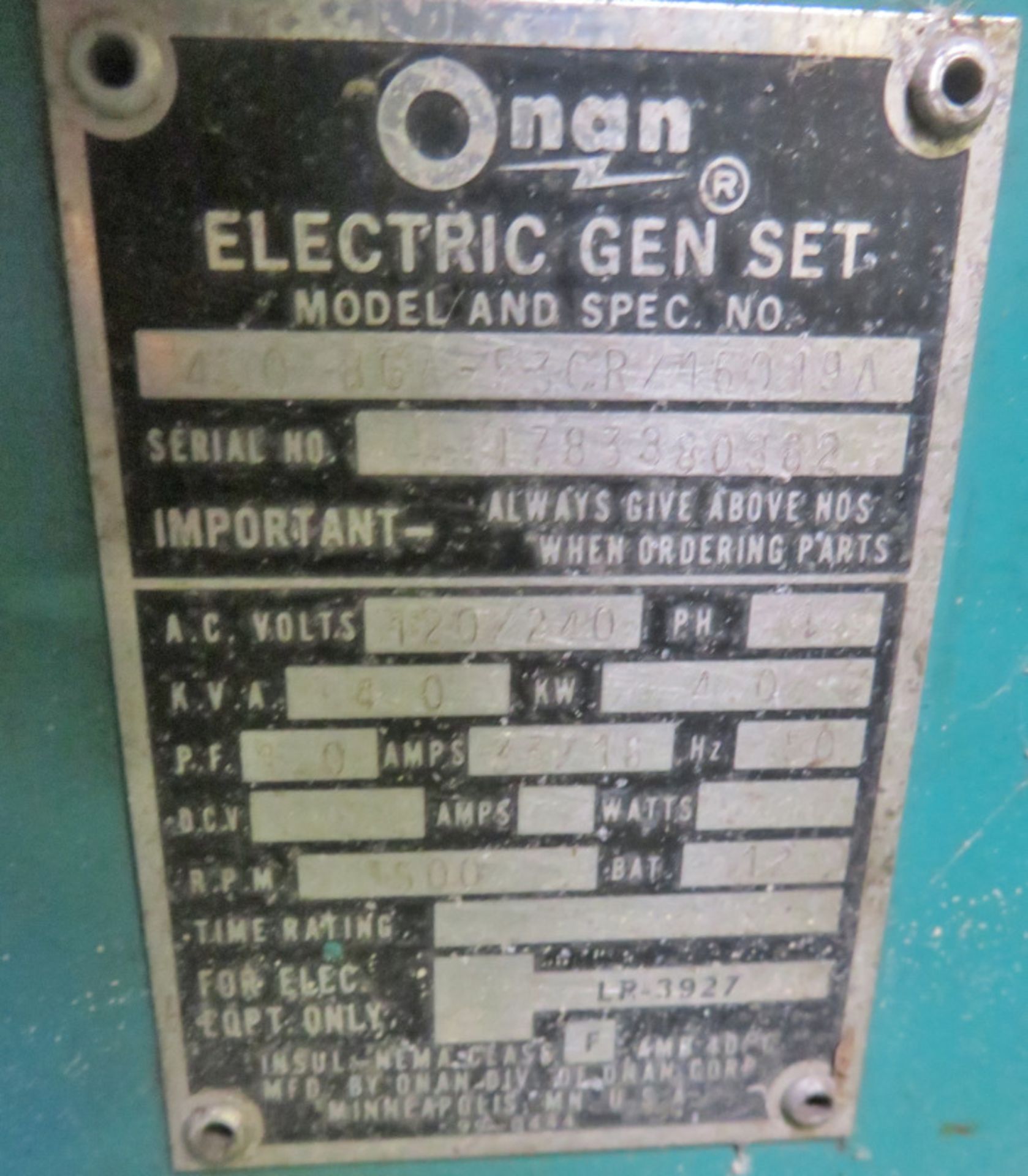 Onan electric gen set - 4.0 BGA-53CR/16019/1 - AC Volts 120/240V - 4.0KVA - 50hz - 1500RPM - Image 5 of 6