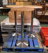 2x Light wood round topped bar tables - 600mm diameter x 1100mm high, 1x Bark effect woode