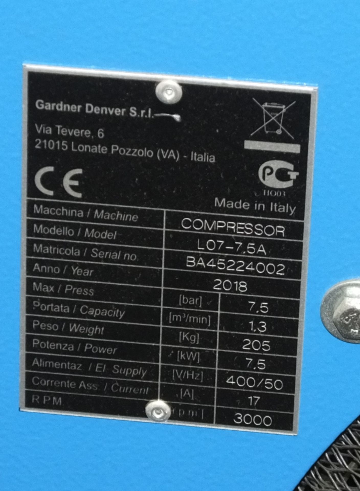 Compair Lo 7-7.5A Compressor Bar 7.5 - L 700mm x W 600mm x H 1100mm - Image 5 of 7