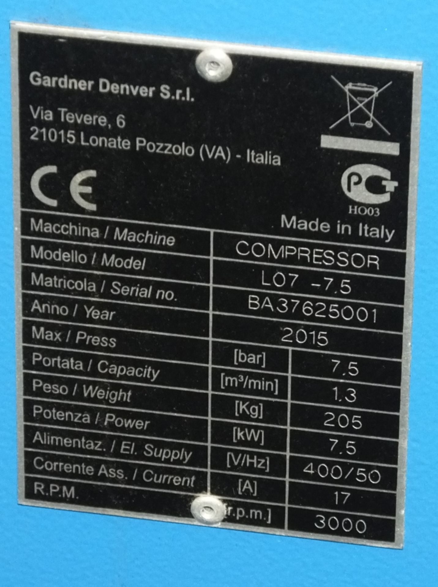 Compair Lo 7-7.5 Compressor Bar 7.5 - L 700mm x W 600mm x H 1100mm - Image 7 of 8