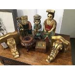 A mixed lot of treenware including three carved and painted wooden figures, including a Woman