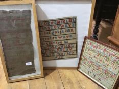 Three framed samplers, one 19thc. (43cm x 18cm) and two 20thc.