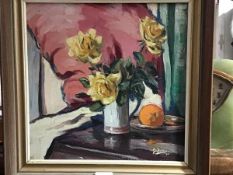 George Hutchison, Yellow Roses, still life, signed lower right, dated 1951, oil on board (33cm x