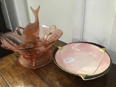 An Art Deco pressed glass rose pink bowl, with glass moulded fish centrepiece on circular posy