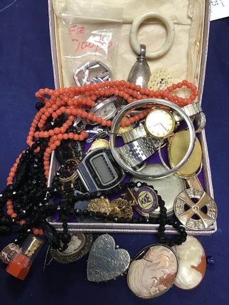 A mixed lot of jewellery and watches including a silver child's teething rattle on ivory ring, a