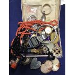 A mixed lot of jewellery and watches including a silver child's teething rattle on ivory ring, a