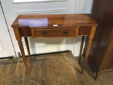 A 19thc style yew wood side table, the rectangular top with reeded edge, fitted single frieze drawer