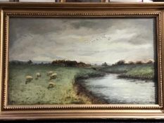 A Wylie (20thc British), Grazing Sheep, oil on canvas, signed lower left (29cm x 49cm)
