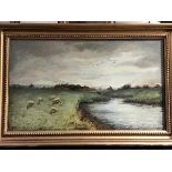 A Wylie (20thc British), Grazing Sheep, oil on canvas, signed lower left (29cm x 49cm)