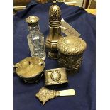 A mixed lot comprising a silver plated sugar castor, an Indian circular white metal pot and lid with