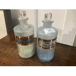 Two clear glass chemist's jars with glass labels, Eau de Cologne and Tinct.card.co., complete with