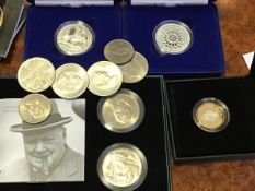 Silver proof £5 coins including a Silver Wedding and Trafalgar, together with a proof £2 coin