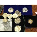 Silver proof £5 coins including a Silver Wedding and Trafalgar, together with a proof £2 coin