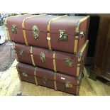 A group of three wooden bound cabin trunks (each approx: 33cm x 90cm x 52cm)