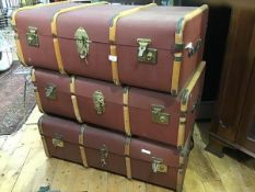 A group of three wooden bound cabin trunks (each approx: 33cm x 90cm x 52cm)