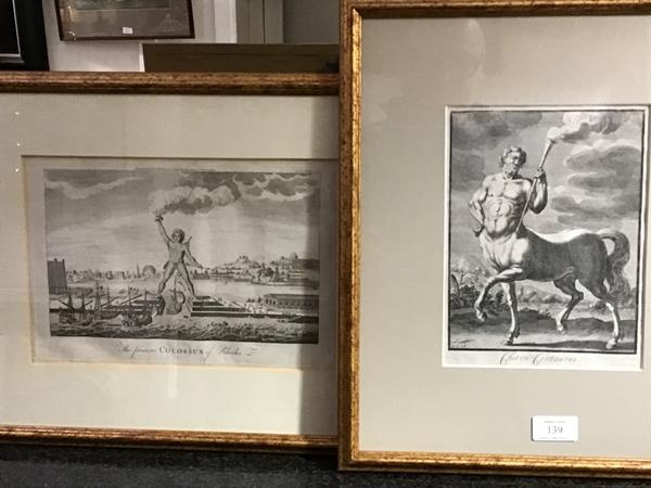 Two 18thc. etchings, The Famous Colossus of Rhodes and Chiro Centaurus (19cm x 28cm and 22cm x