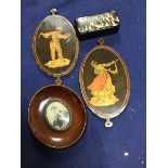 A mixed lot of treen ware including two inlaid double sided Sorrento ware style oval panels with