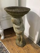 A two part garden bird bath, the circular top with moulded edge and body, supported by a putti (h.