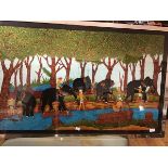 A Sri Lankan silkscreen print depicting Elephants and Men working in the Forrest (88cm x 143cm)