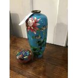 A cloisonne vase with floral decoration on blue ground (a/f), together with a small circular pot and