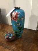 A cloisonne vase with floral decoration on blue ground (a/f), together with a small circular pot and