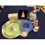 A mixed lot of china and glass including two Royal Doulton miniature figures, Bridesmaid and Bess,