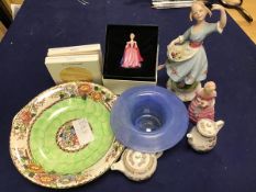 A mixed lot of china and glass including two Royal Doulton miniature figures, Bridesmaid and Bess,