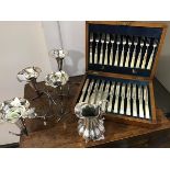 A cased set of twelve mother of pearl fruit knives and forks in oak box, Weir & Sons, Dublin and