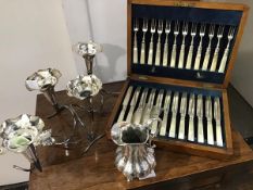 A cased set of twelve mother of pearl fruit knives and forks in oak box, Weir & Sons, Dublin and