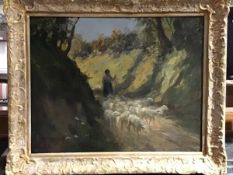 Henry Arthur Jenkins, Herding Sheep, oil on board, signed lower right, in moulded gilt frame (38cm x