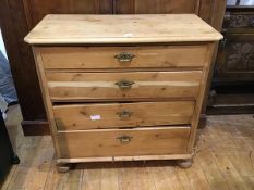 A 19thc Continental stripped pine chest of drawers, the rectangular top with moulded edge and canted