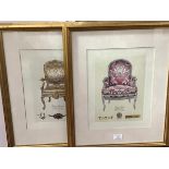 Two decorative framed coloured prints depicting an Empire style Chair and a Venetian Chair, in