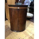An early 19thc mahogany bow fronted corner cabinet, with painted interior fitted three shelves (