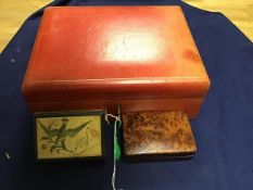 A red morocco leather Italian jewellery box with velvet fitted interior, with open tray and ring